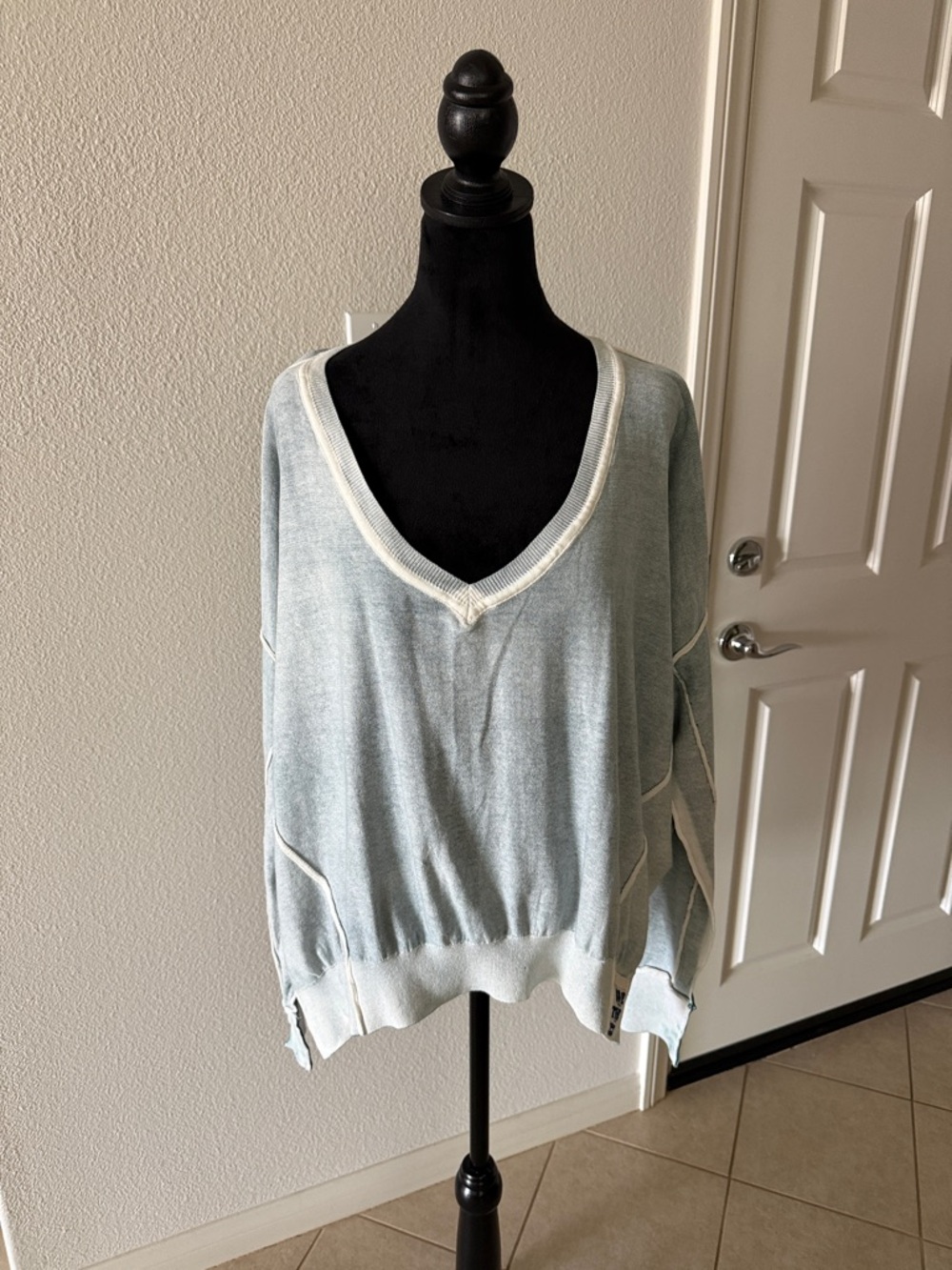 We The Free green V-Neck Sweater with Cream Trim very light material flowing